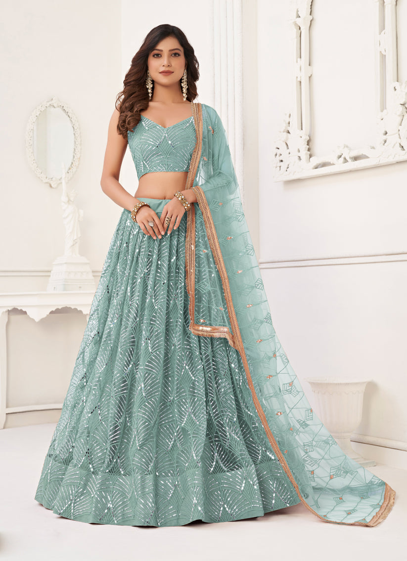 Mint Blue Net Embroidered Lehenga Choli