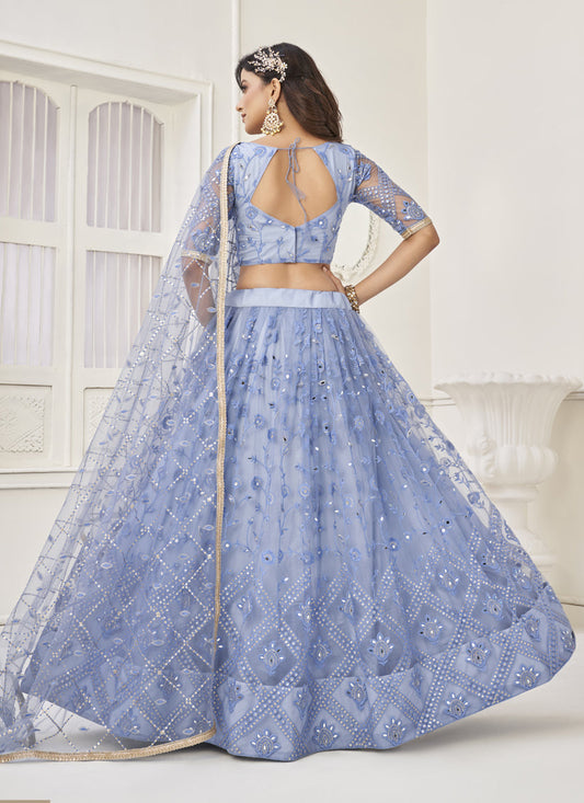 Powder Blue Butterfly Net Designer Lehenga Choli Set