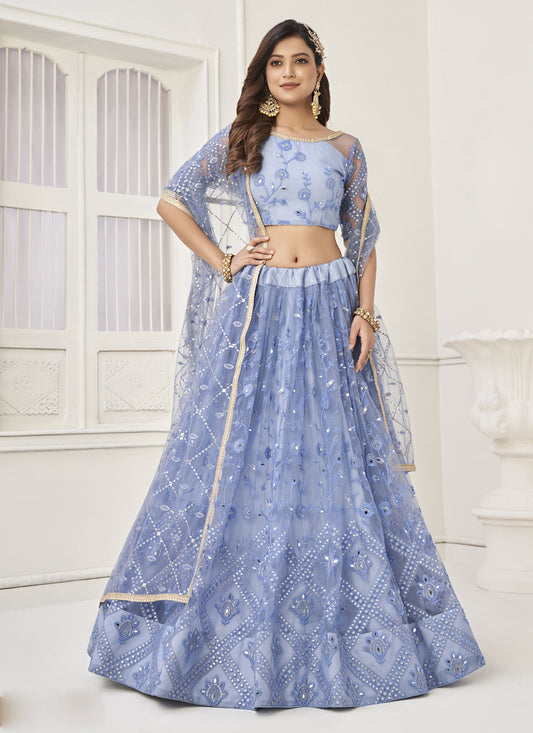 Powder Blue Butterfly Net Designer Lehenga Choli Set