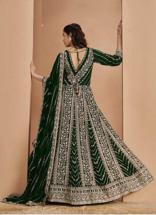 bottle green faux georgette heavy embroidered anarkali suit