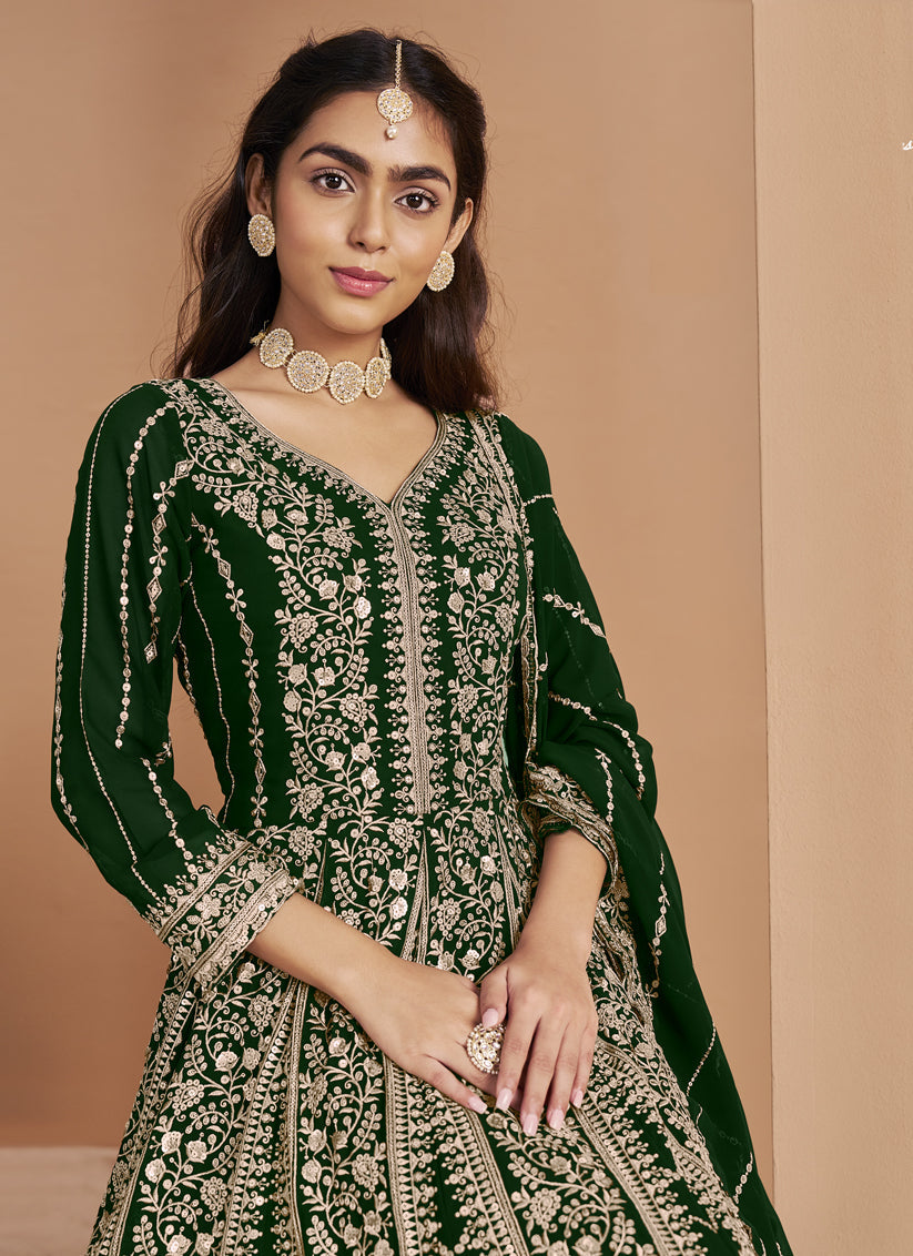 bottle green faux georgette heavy embroidered anarkali suit