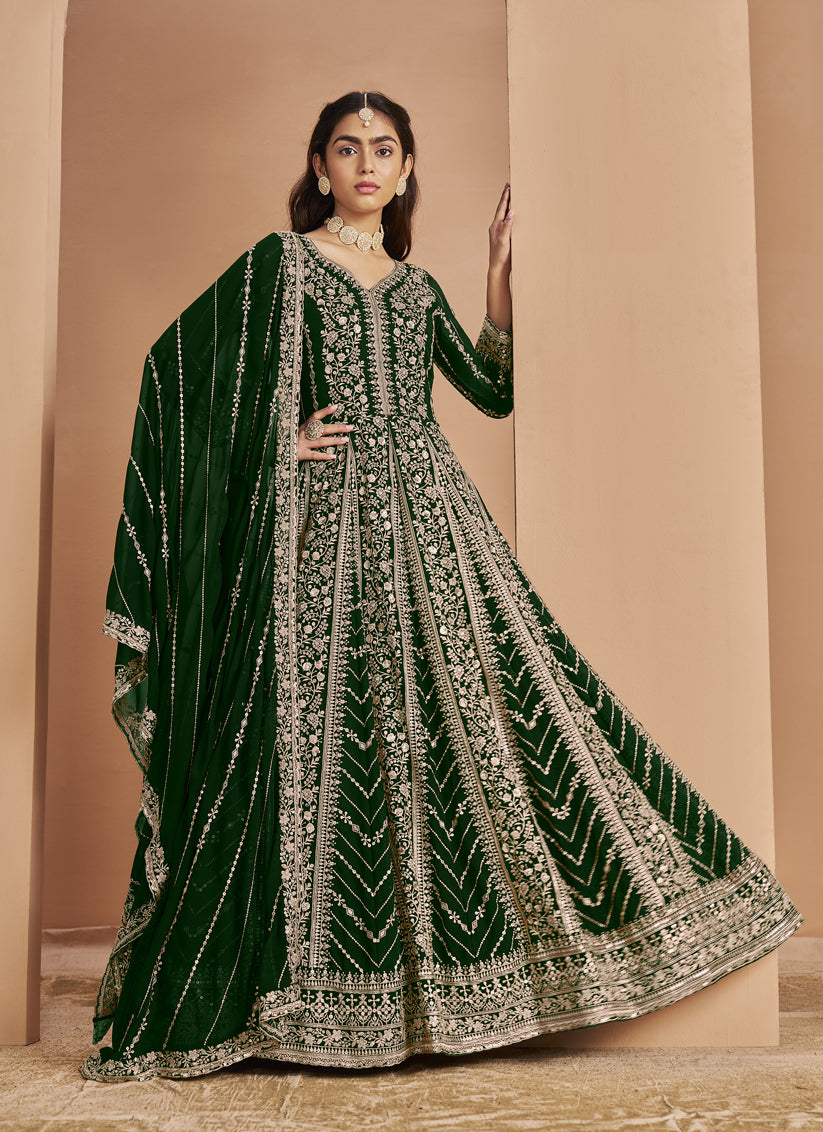 bottle green faux georgette heavy embroidered anarkali suit