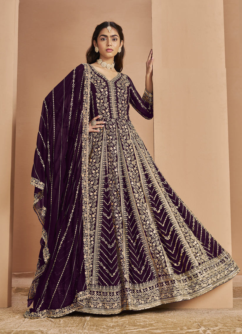 violet faux georgette heavy embroidered anarkali suit