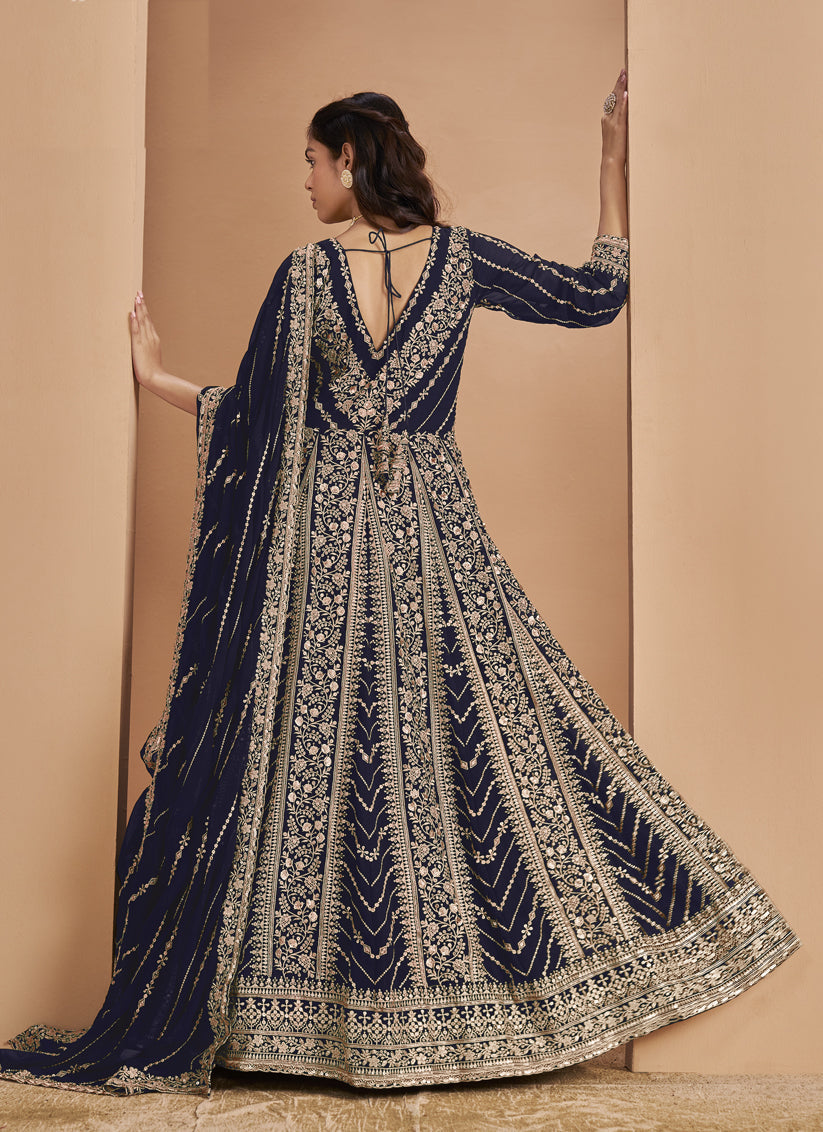 navy blue faux georgette heavy embroidered anarkali suit