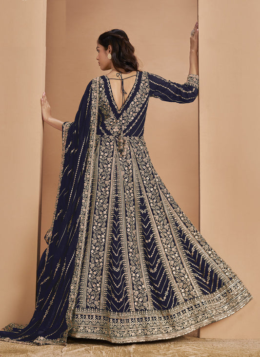 navy blue faux georgette heavy embroidered anarkali suit