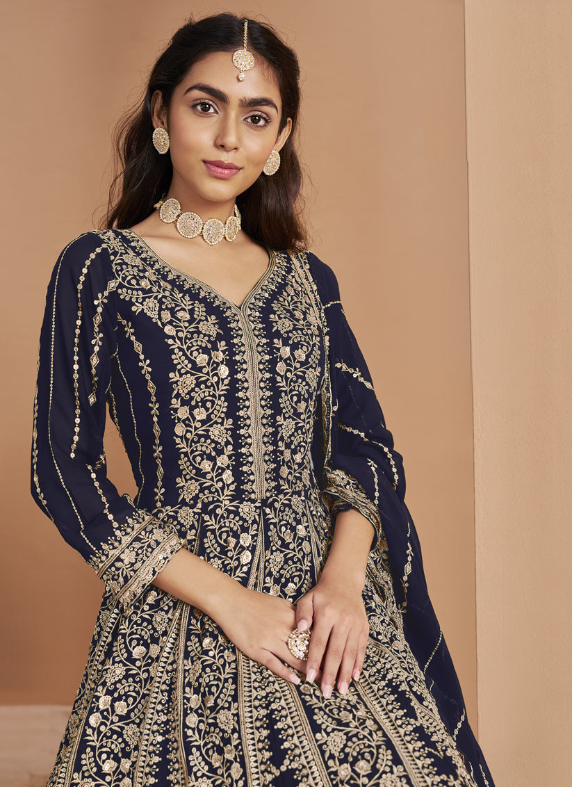 navy blue faux georgette heavy embroidered anarkali suit