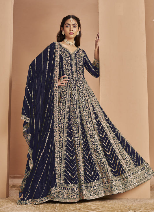 navy blue faux georgette heavy embroidered anarkali suit