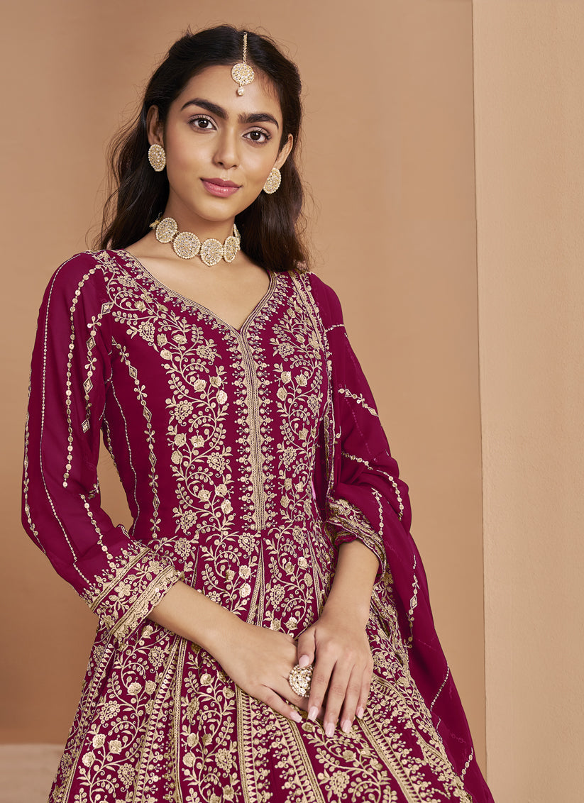 raspberry faux georgette heavy embroidered anarkali suit
