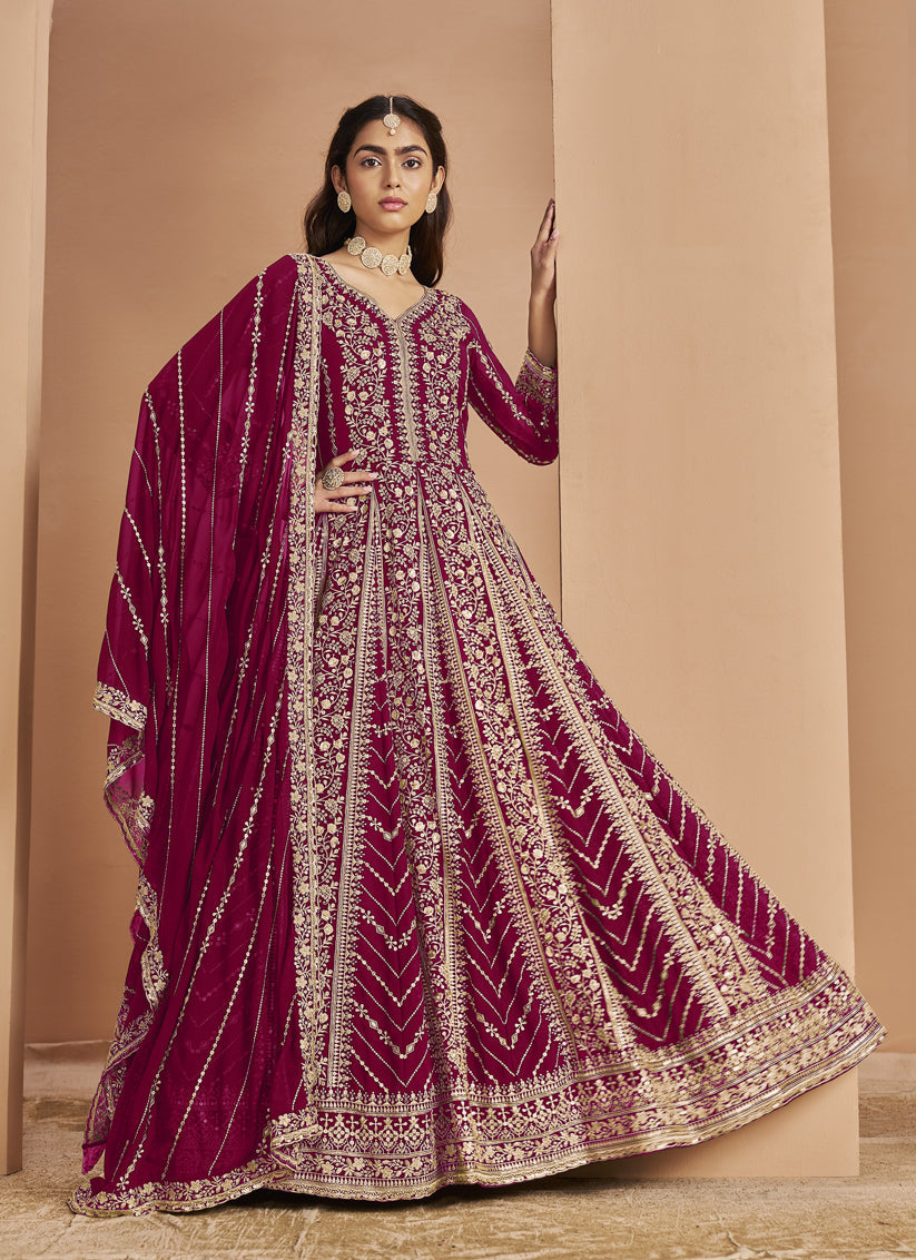raspberry faux georgette heavy embroidered anarkali suit