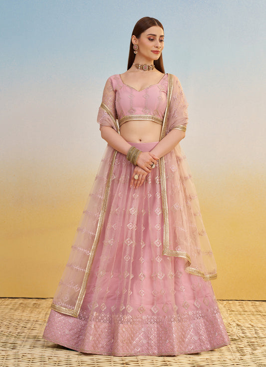 Delightful Rose Pink Net Designer Embroidered Lehenga Choli Set
