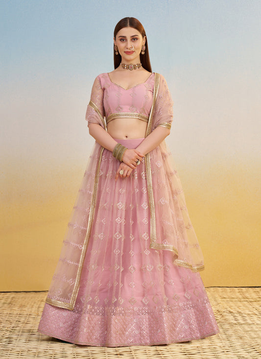 Delightful Rose Pink Net Designer Embroidered Lehenga Choli Set
