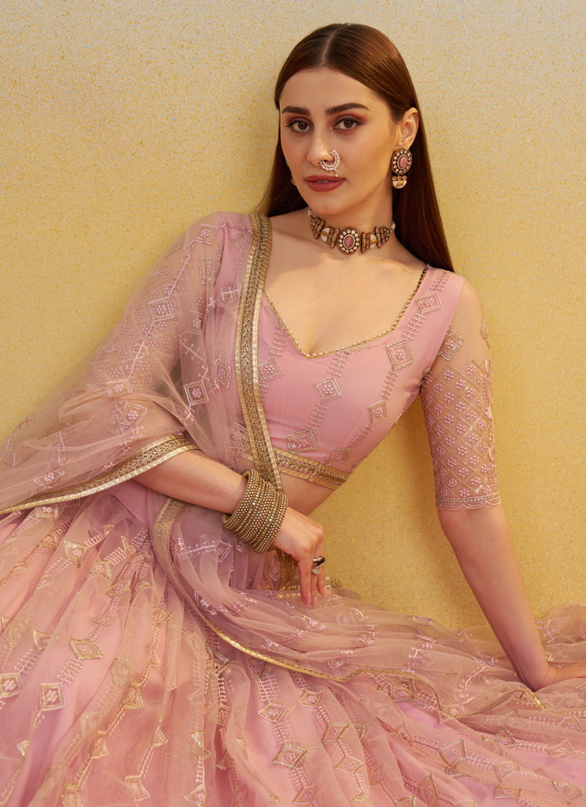 Delightful Rose Pink Net Designer Embroidered Lehenga Choli Set
