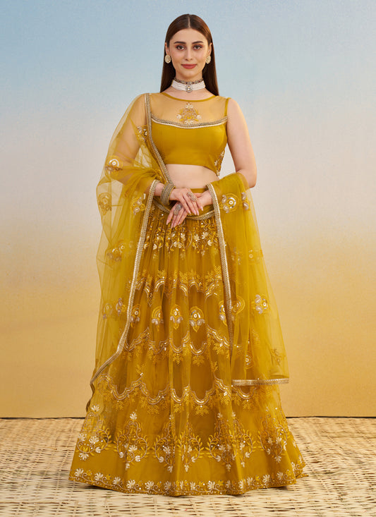 Dazzling Mustard Net Designer Embroidered Lehenga Choli Set