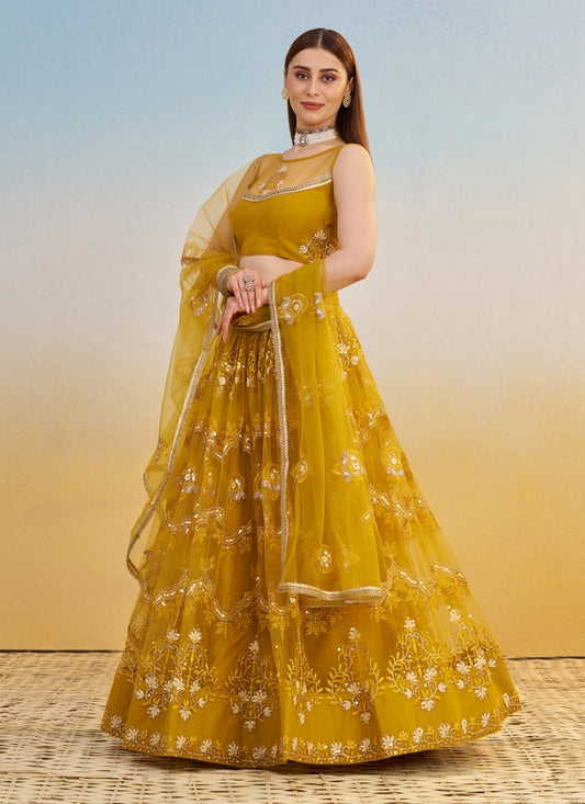 Dazzling Mustard Net Designer Embroidered Lehenga Choli Set