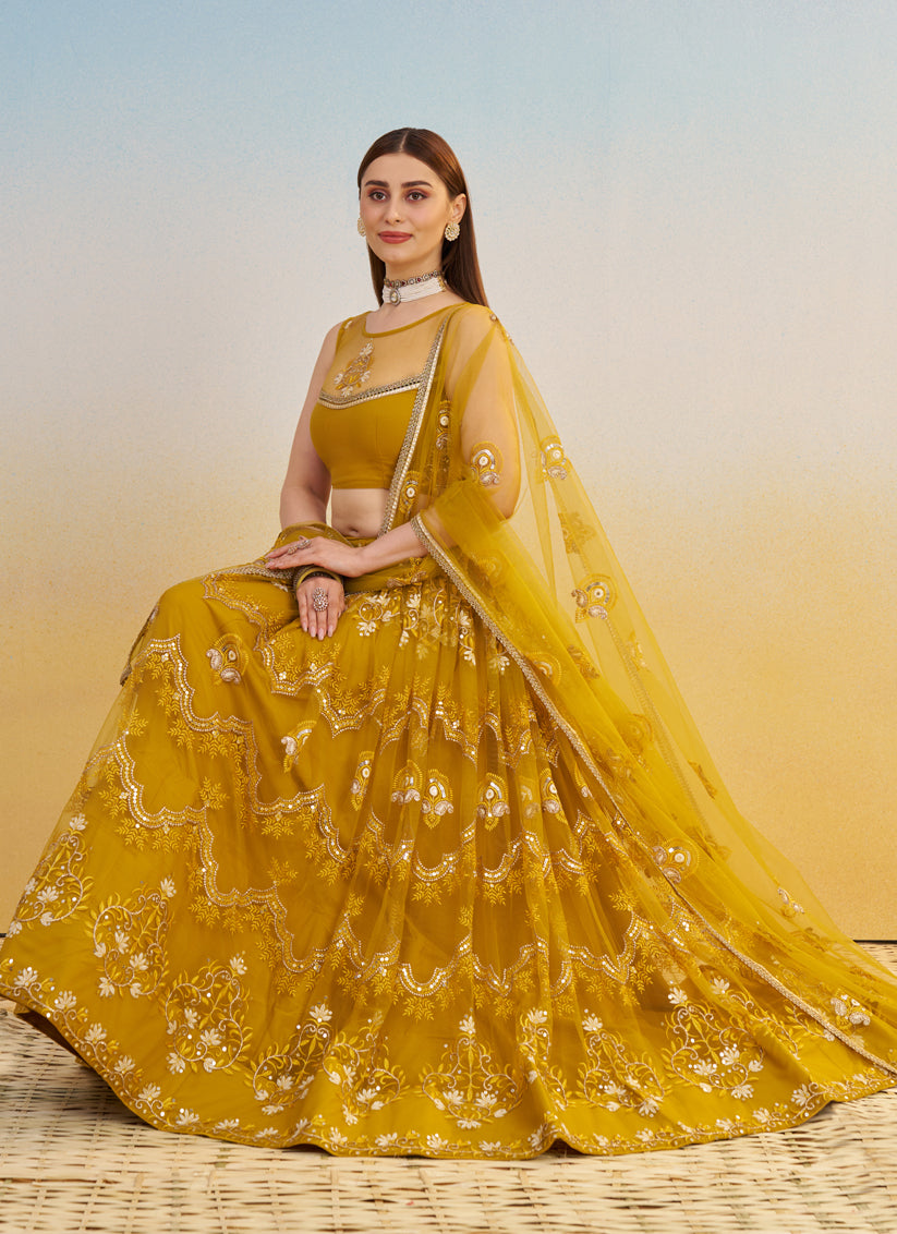 Dazzling Mustard Net Designer Embroidered Lehenga Choli Set