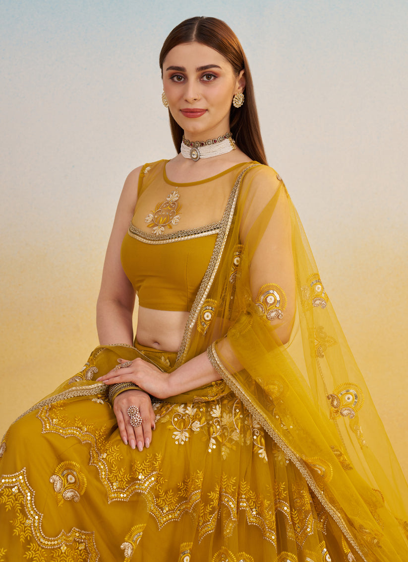 Dazzling Mustard Net Designer Embroidered Lehenga Choli Set