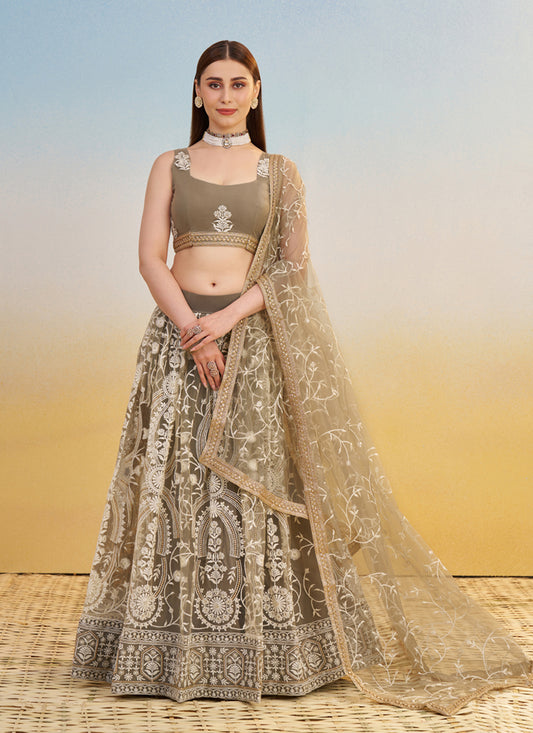 Charismatic Dusty Grey Net Designer Embroidered Lehenga Choli Set