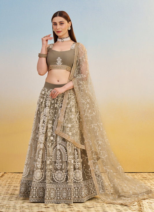Charismatic Dusty Grey Net Designer Embroidered Lehenga Choli Set