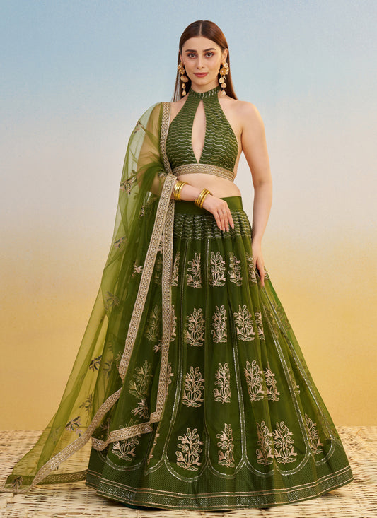 Fabulous Olive Green Net Designer Embroidered Lehenga Choli Set
