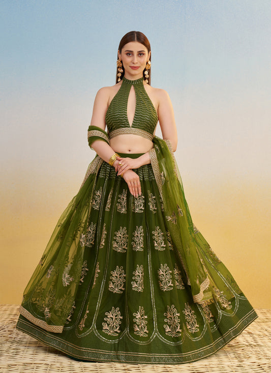 Fabulous Olive Green Net Designer Embroidered Lehenga Choli Set