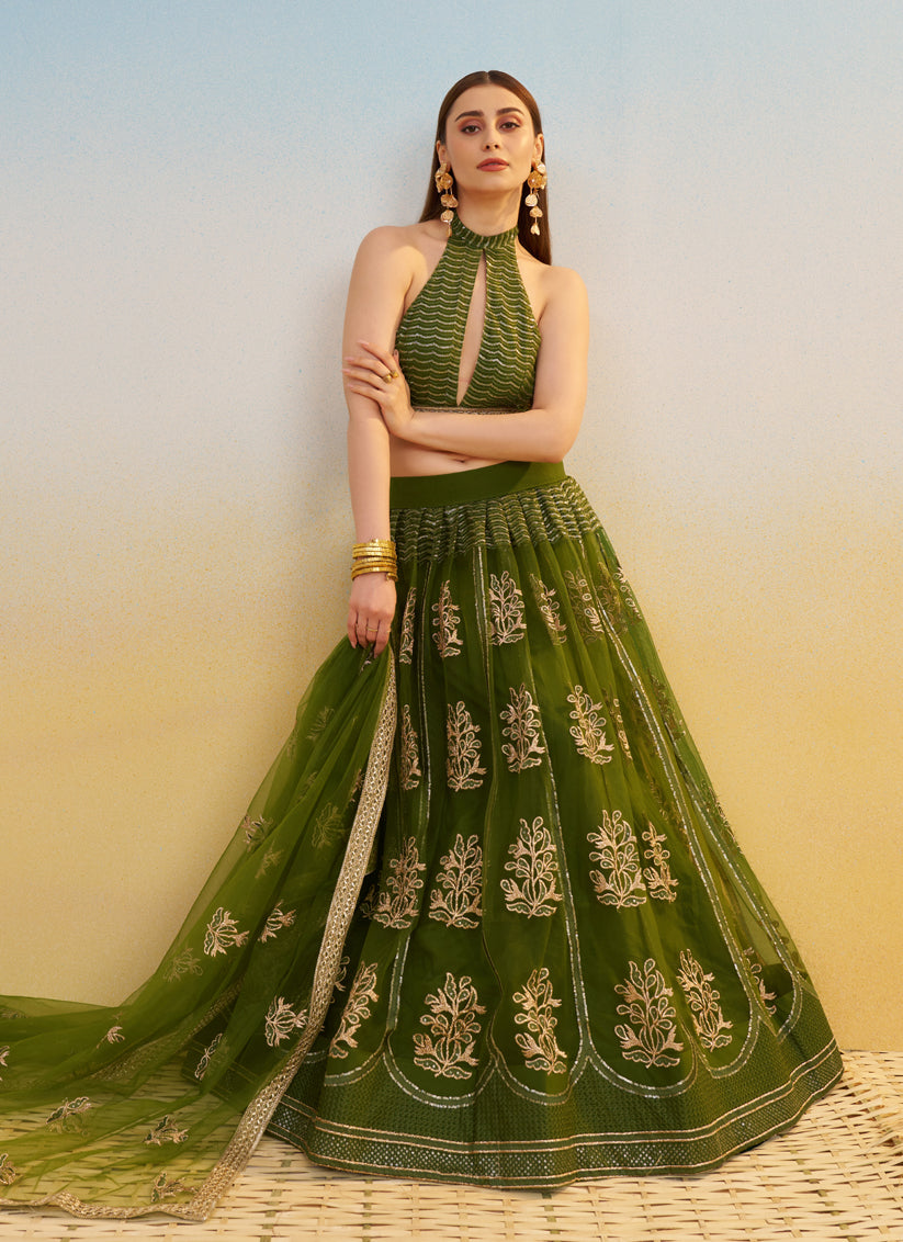 Fabulous Olive Green Net Designer Embroidered Lehenga Choli Set