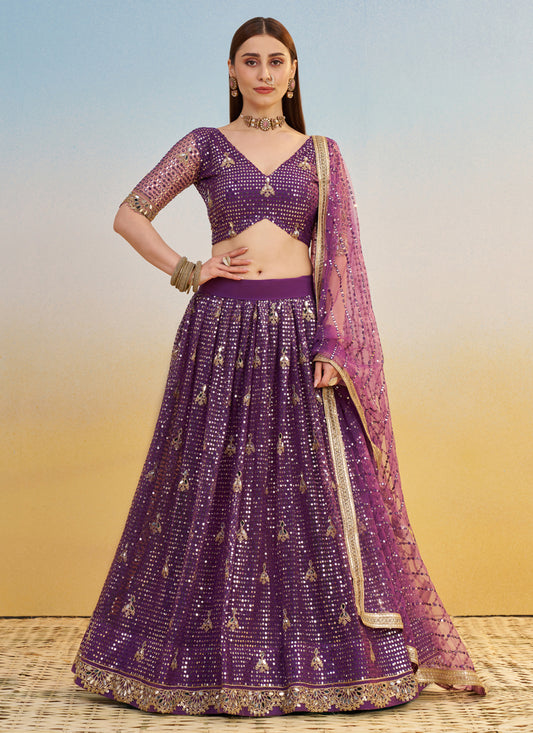 Outstanding Wine Net Designer Embroidered Lehenga Choli Set