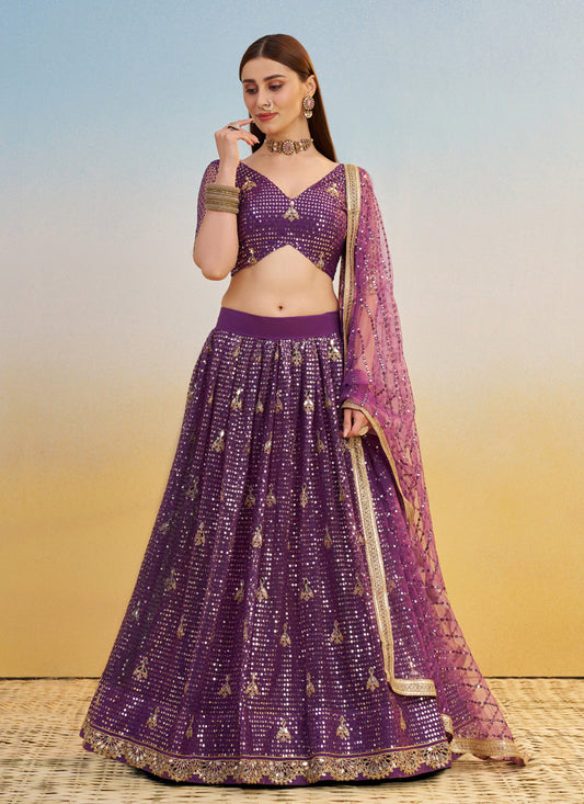 Outstanding Wine Net Designer Embroidered Lehenga Choli Set