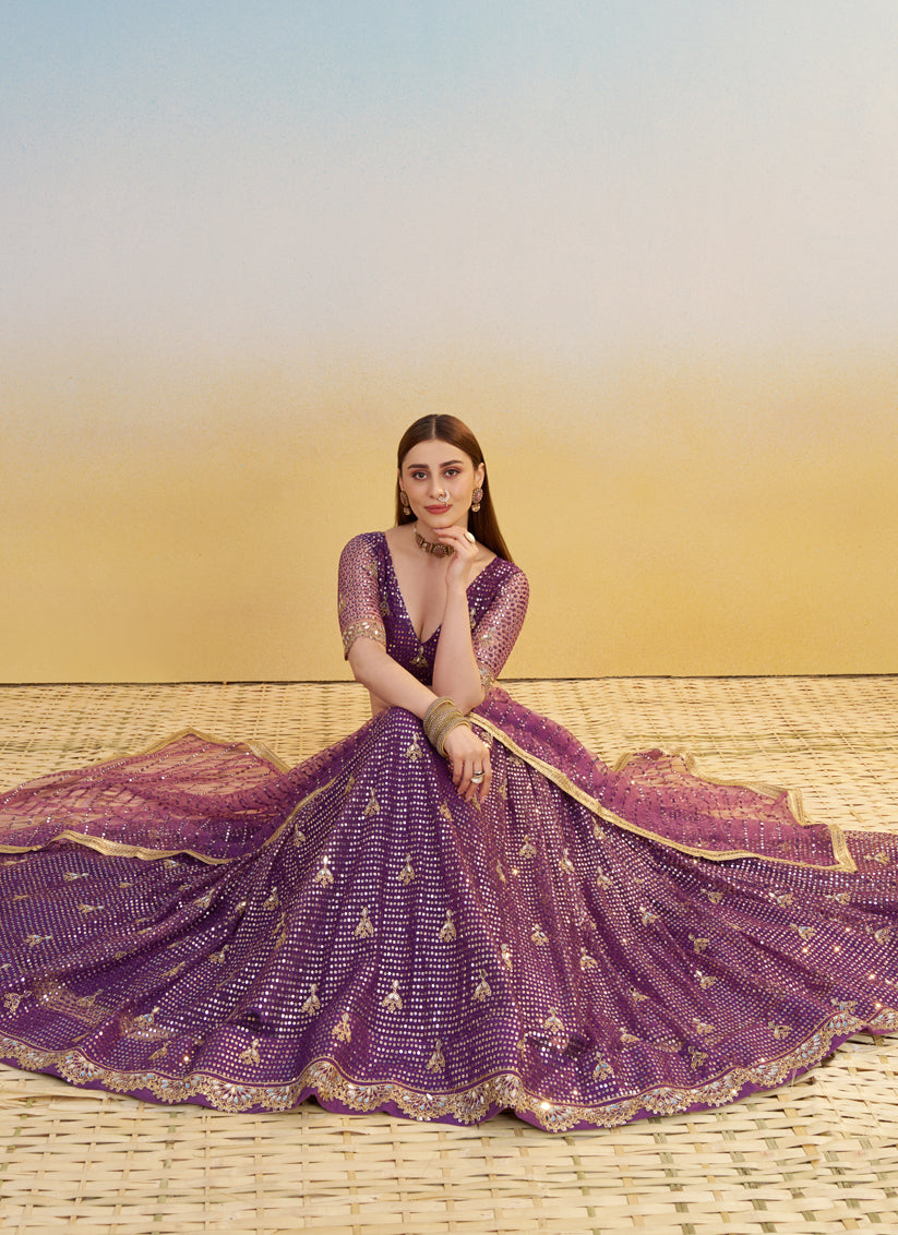 Outstanding Wine Net Designer Embroidered Lehenga Choli Set