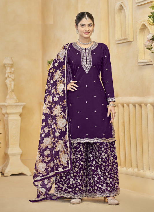 purple roman silk embroidered readymade palazzo suit