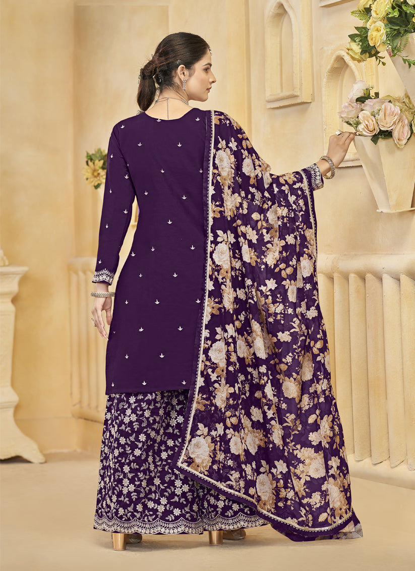 purple roman silk embroidered readymade palazzo suit
