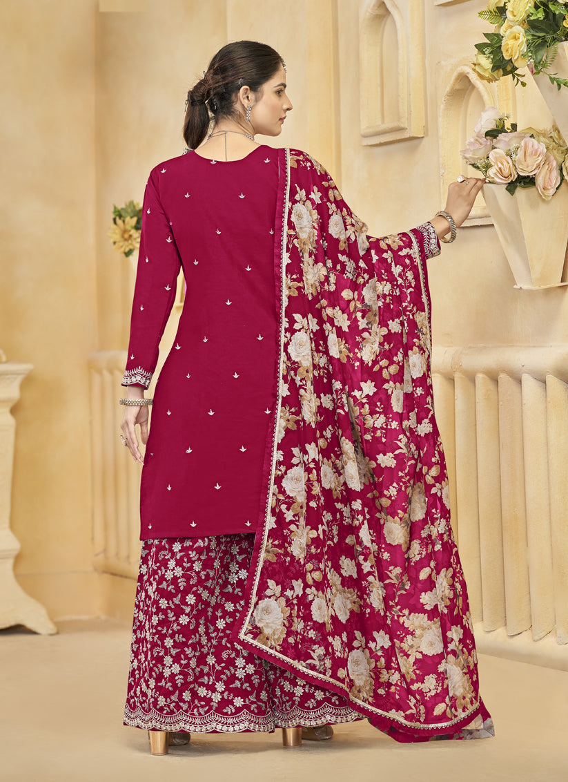pink roman silk embroidered readymade palazzo suit