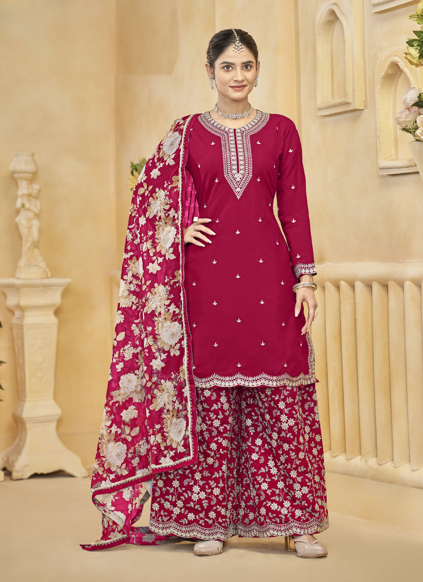pink roman silk embroidered readymade palazzo suit
