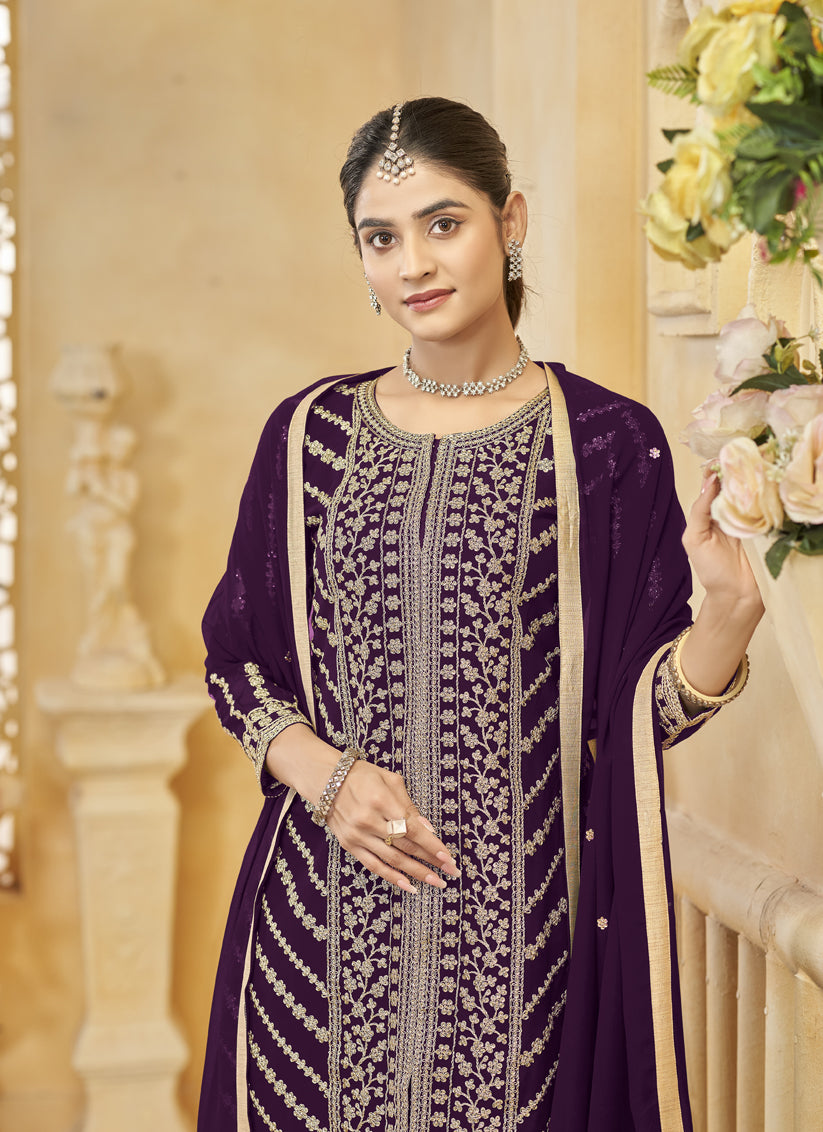 wine faux georgette embroidered readymade sarara kameez