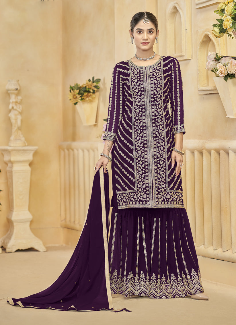 wine faux georgette embroidered readymade sarara kameez