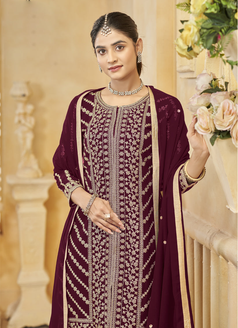 maroon faux georgette embroidered readymade sarara kameez