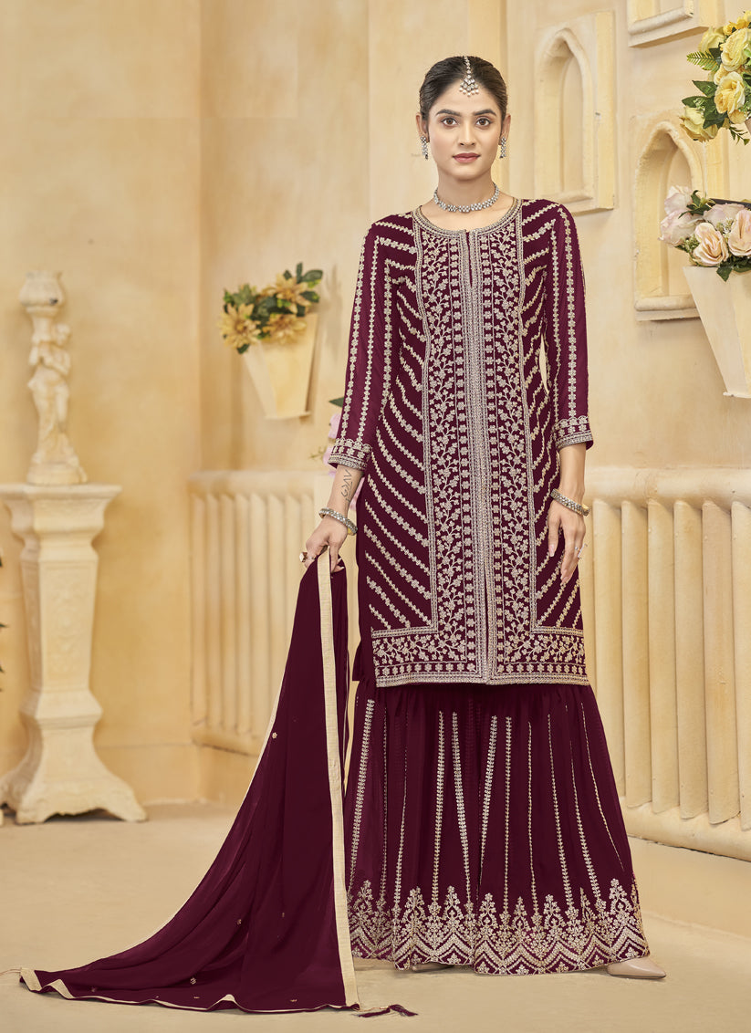 maroon faux georgette embroidered readymade sarara kameez
