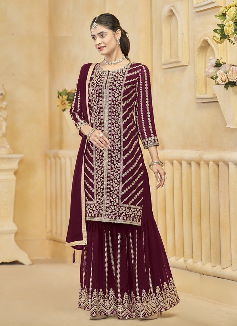 maroon faux georgette embroidered readymade sarara kameez