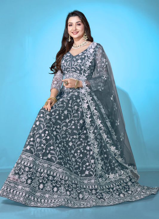 Slate Grey Net Embroidered Festival Lehenga Choli Set