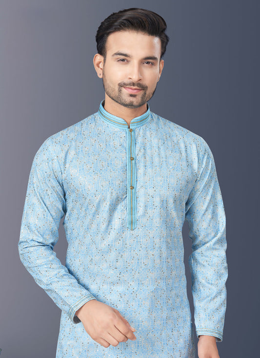 Sky Blue Rayon Lucknowi Mens Kurta Pajama Set