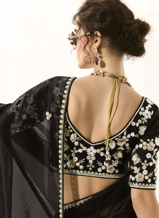 Pretty Black Tissue Embroidered Designer Wedding Saree