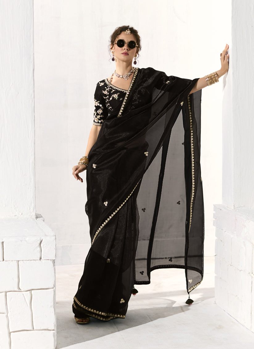 Pretty Black Tissue Embroidered Designer Wedding Saree