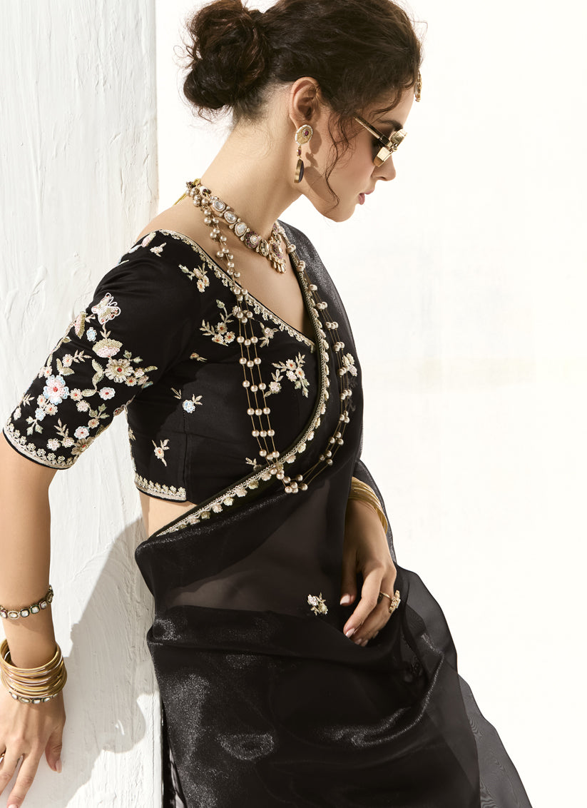 Pretty Black Tissue Embroidered Designer Wedding Saree