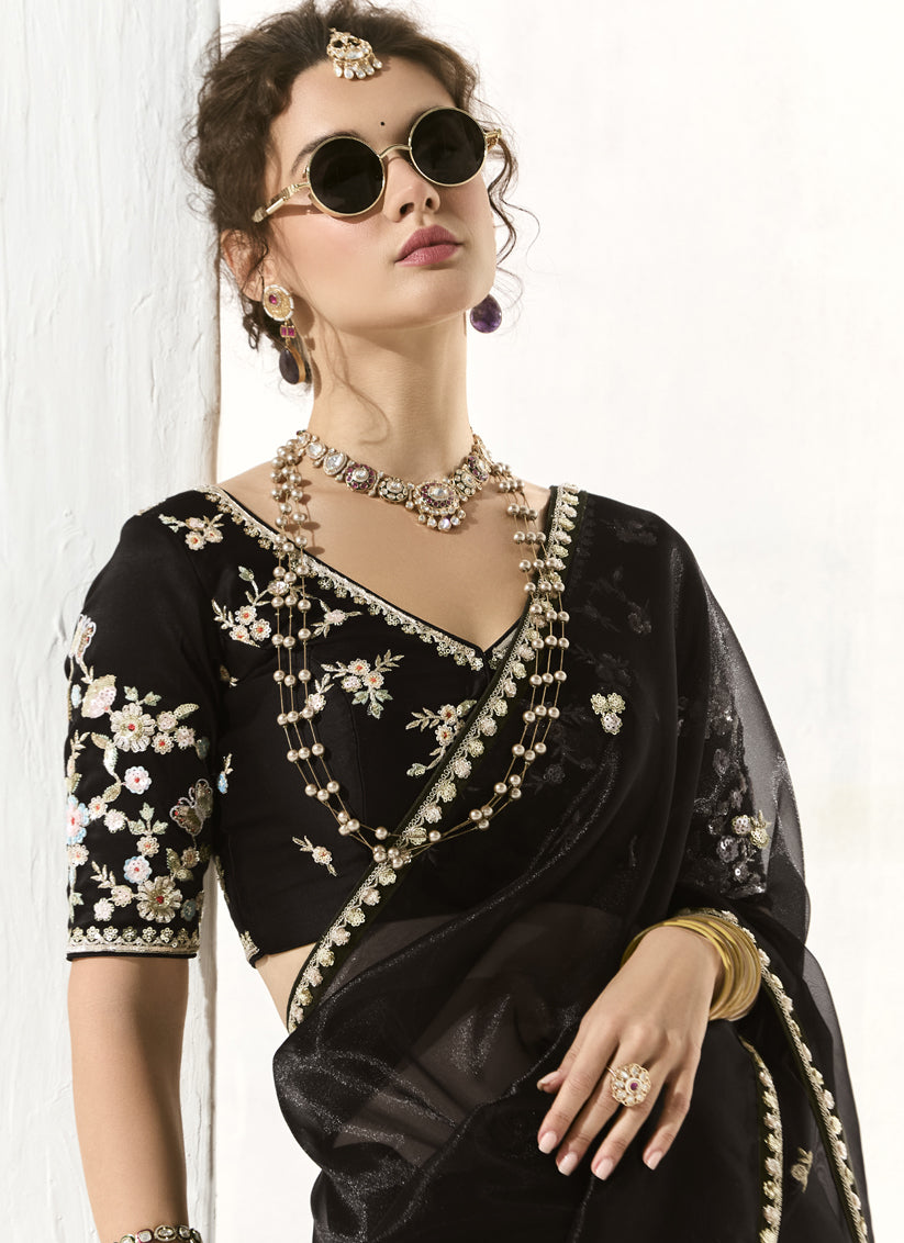 Pretty Black Tissue Embroidered Designer Wedding Saree