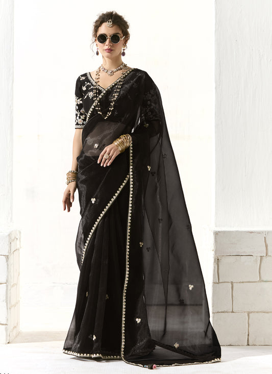 Pretty Black Tissue Embroidered Designer Wedding Saree