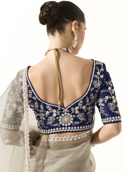 Magnetic Ash Grey Tissue Embroidered Designer Wedding Saree