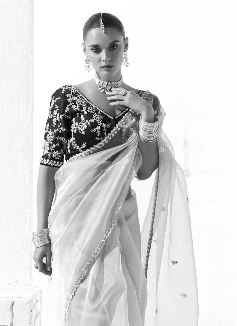 Magnetic Ash Grey Tissue Embroidered Designer Wedding Saree