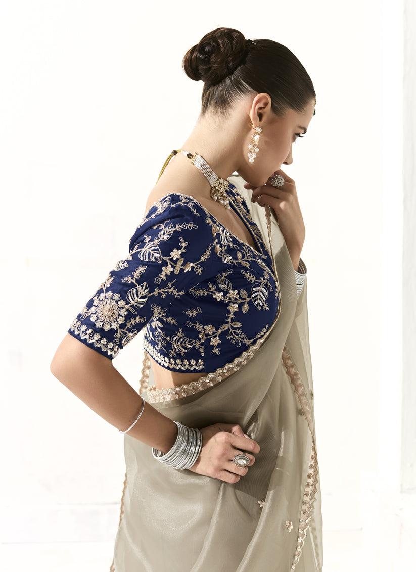 Magnetic Ash Grey Tissue Embroidered Designer Wedding Saree