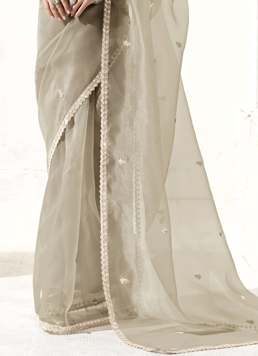 Magnetic Ash Grey Tissue Embroidered Designer Wedding Saree
