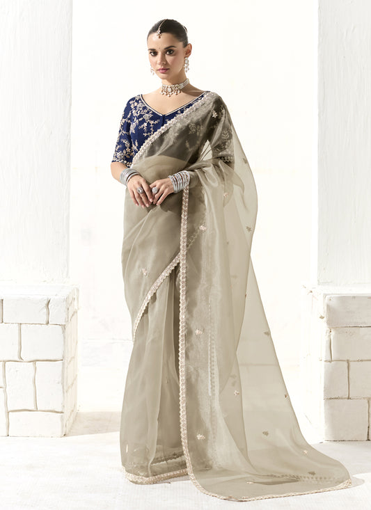 Magnetic Ash Grey Tissue Embroidered Designer Wedding Saree