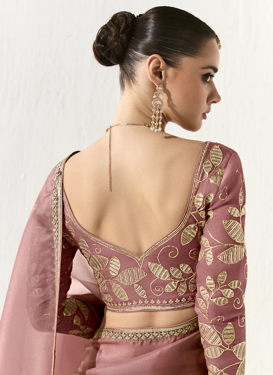 Lovely Old Rose Tissue Embroidered Designer Wedding Saree